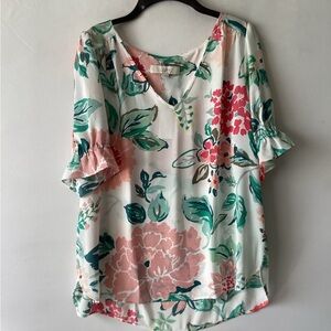 LOFT White Floral V-Neck Short Sleeve Blouse with Pink & Green Print